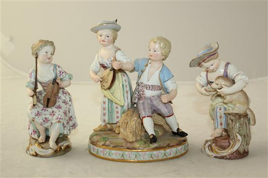 Two Meissen figures and a similar group, 19th century, 12.5cm, some damage